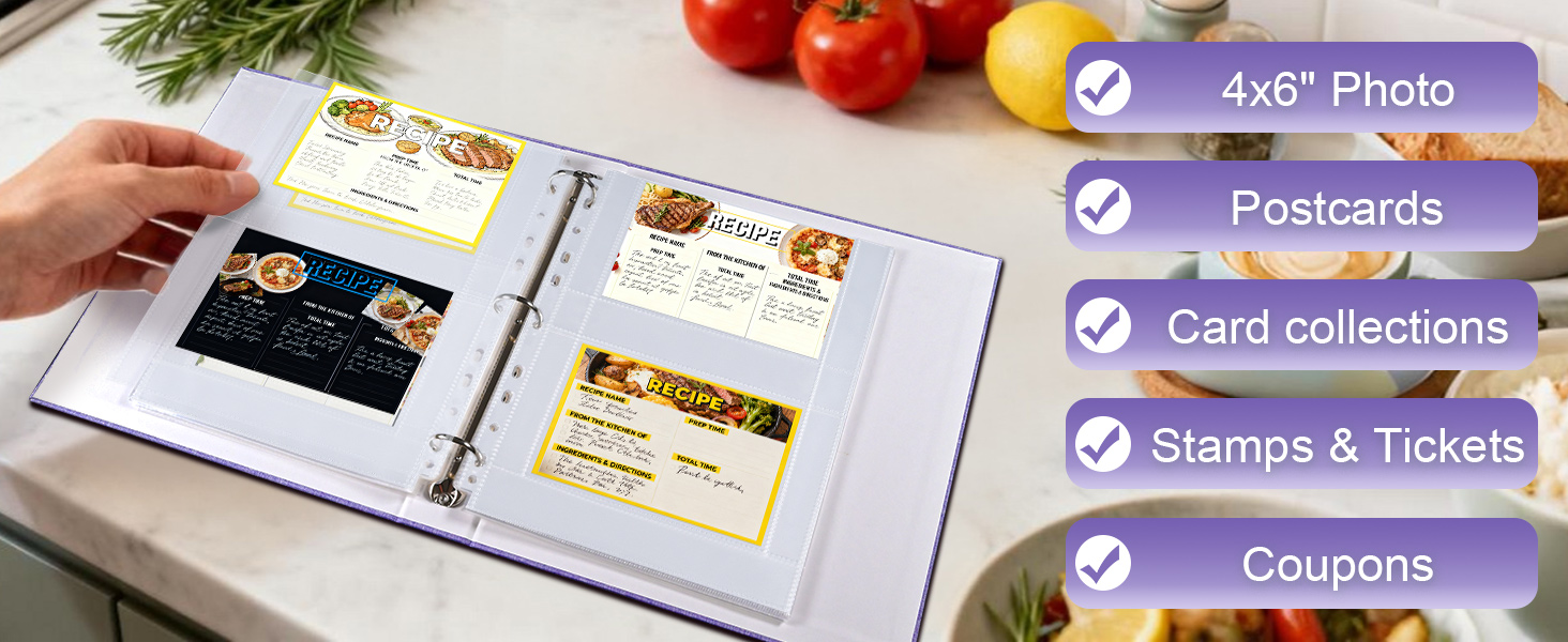 A4 3 Ring Binder Recipe Card Holder Book with 30 Pack 4x6 Inch Recipe Card Protector Pages