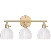 Shenmoyl Bathroom Light Fixtures, 3-Light Brass Vanity Wall Light Over Mirror with White Tulip Gl...