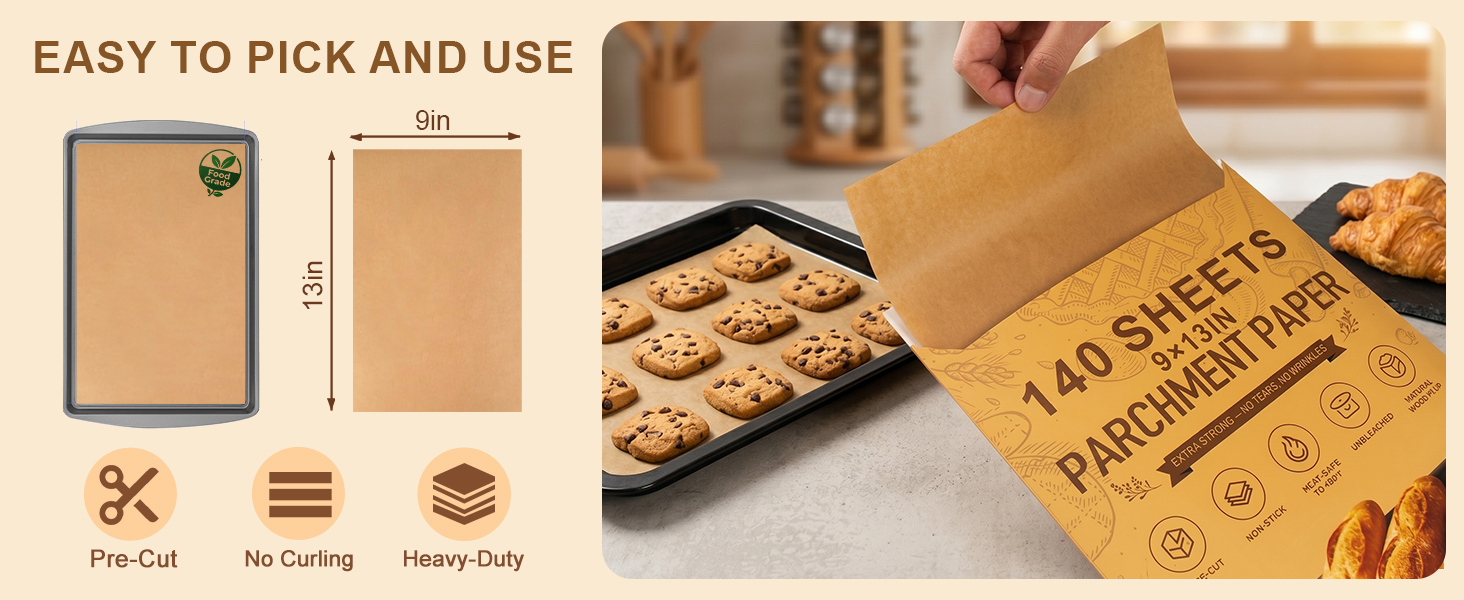 Pre-cut 9x13 inch parchment paper, 140 sheets, heavy-duty, no curling, easy to pick and use.