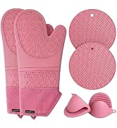DANFFI Silicone Oven Mitts and Pot Holders 6 Piece Set, Heat Resistant 500°F Extra Long Oven Glov...