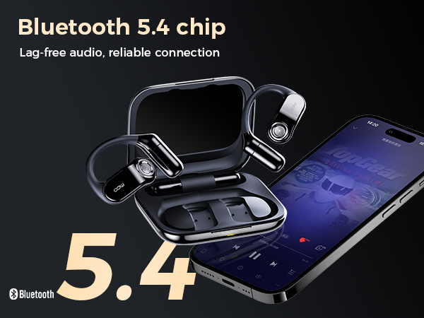 Text reads 'Bluetooth 5.4 chip' and 'Lag free audio, reliable connection'. Black wireless earbuds case shown next to smartphone displaying blue interface.