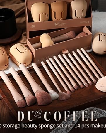 Silicone beauty sponge set with 14 pieces. Various shapes and sizes of beige sponges and applicators arranged on a wooden surface with text 'PL COFFEE'.