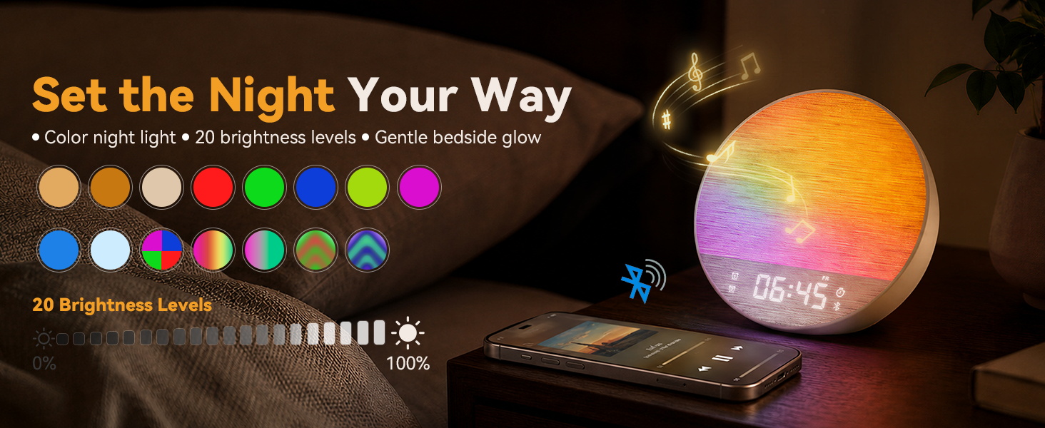 Color changing night light and Bluetooth speaker playing music on a bedside table.