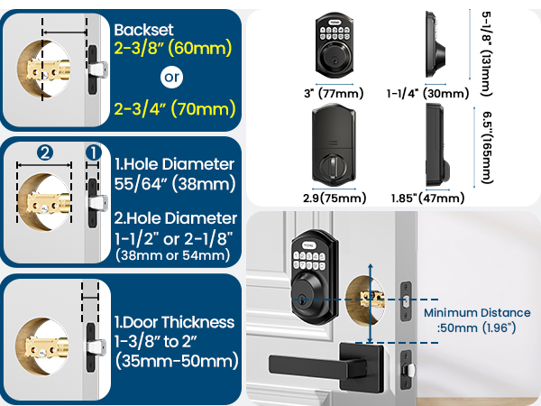 it fits doors with 38mm or 54 mm door holes, 60/70 mm backset, and 35–50 mm door thickness