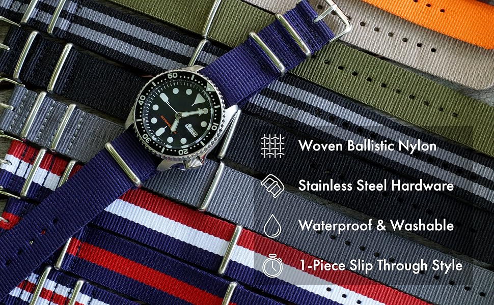 Nylon Watch Bands laying on wood table with watch over top. Text overlay with features highlighted