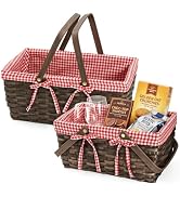 Yesland Picnic Basket, 2 Sizes (13" and 16") Natural Woven Woodchip Basket with Double Folding Ha...