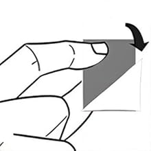 Simple line drawing of a hand demonstrating how to flip or turn a page, with an arrow indicating the direction of movement.
