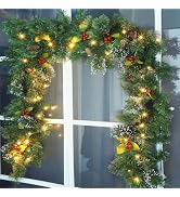 Juegoal 9ft Prelit Christmas Garland, Artificial Xmas Greenery Garland with 50 Warm White LED Lig...