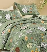 Litanika Floral Green Quilt California King Size - 3 Pieces Cal King Sage Botanical Birds Pattern...