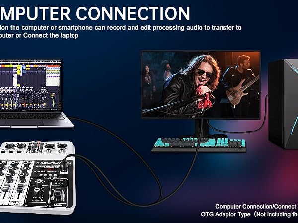 Text reads 'COMPUTER CONNECTION'. Technical product display showing electronic music equipment and interfaces against dark background with connection diagrams.