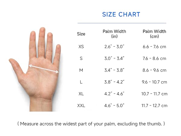 Safedenn work gloves size chart showing how to measure palm width in inches and centimeters.