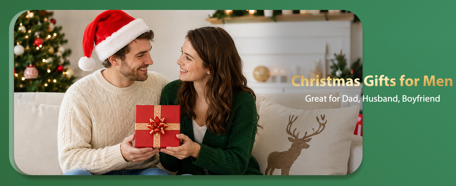Text reads 'Christmas Gifts for Men.' Image shows couple wearing winter clothing exchanging wrapped red gift boxes against green background with Christmas tree and decorative elements visible.