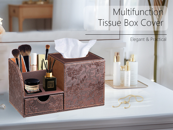 Nightstand Organizer Decorative Cube Tissue Holder with Side Organizer, Modern Facial