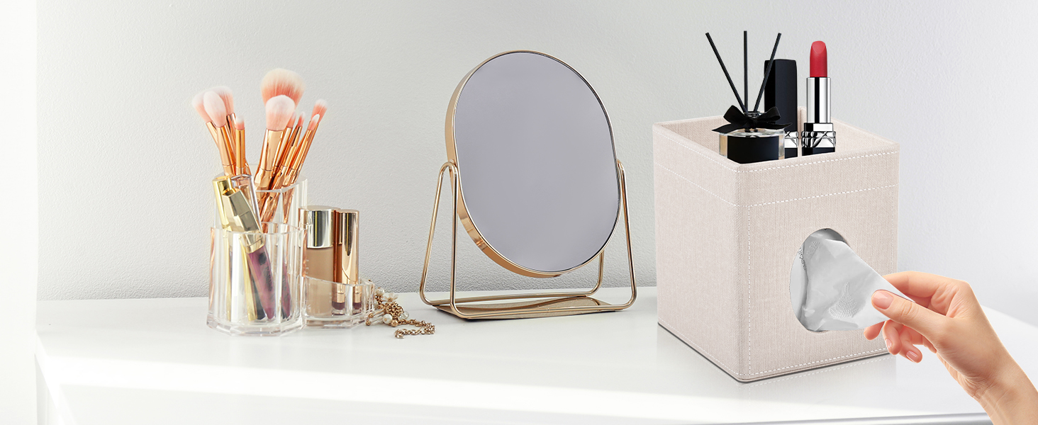 Text reads 'Image 5'. Minimalist vanity setup with gold-framed mirror, flowers in vase, and various personal care items on white surface.