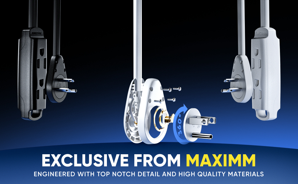 Maximm rotating power strip and plug variants in black and white against a blue background.