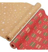 AhfuLife 2 Rolls Christmas Wrapping Paper - 17 Inch × 49.2 Feet Per Roll, Recyclable Kraft Xmas W...