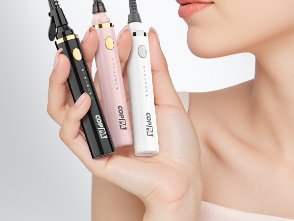 Three handheld facial devices in black, pink, and white colors. Each device has a gold-accented tip and 'COFY21' branding. A hand holds the devices against a light background.