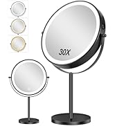 ALHAKIN 1X/30X Lighted Makeup Mirror, 9" Magnifying Mirror with 3 Color Dimmable Lights, Double S...