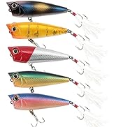 Alwonder 5-Pack Fishing Popper Lure, Fishing Top Water Lures Bass Lures Feathered Treble Hooks Ro...