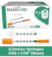GLUCO-CARE 0.3 ml/cc Syringes 30G x 5/16’’ (8mm), Orange Cap, 100/box