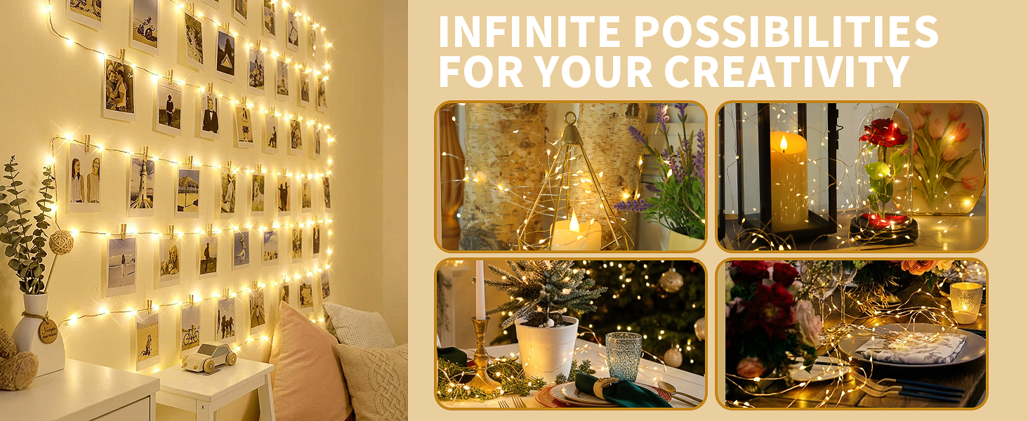 DIY fairy light decoration ideas for photo walls wreaths and Christmas centerpieces