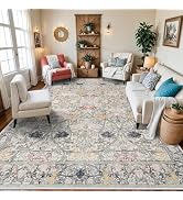 BYYVOO Rugs for Living Room 9x12 - Washable Floral Area Rug Large Bedroom Rug Vintage Non Slip Ca...