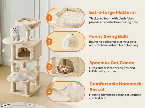 Sweetcrispy 44 inch Cat Tree with Condo, Scratching Posts, Platform, Hammock