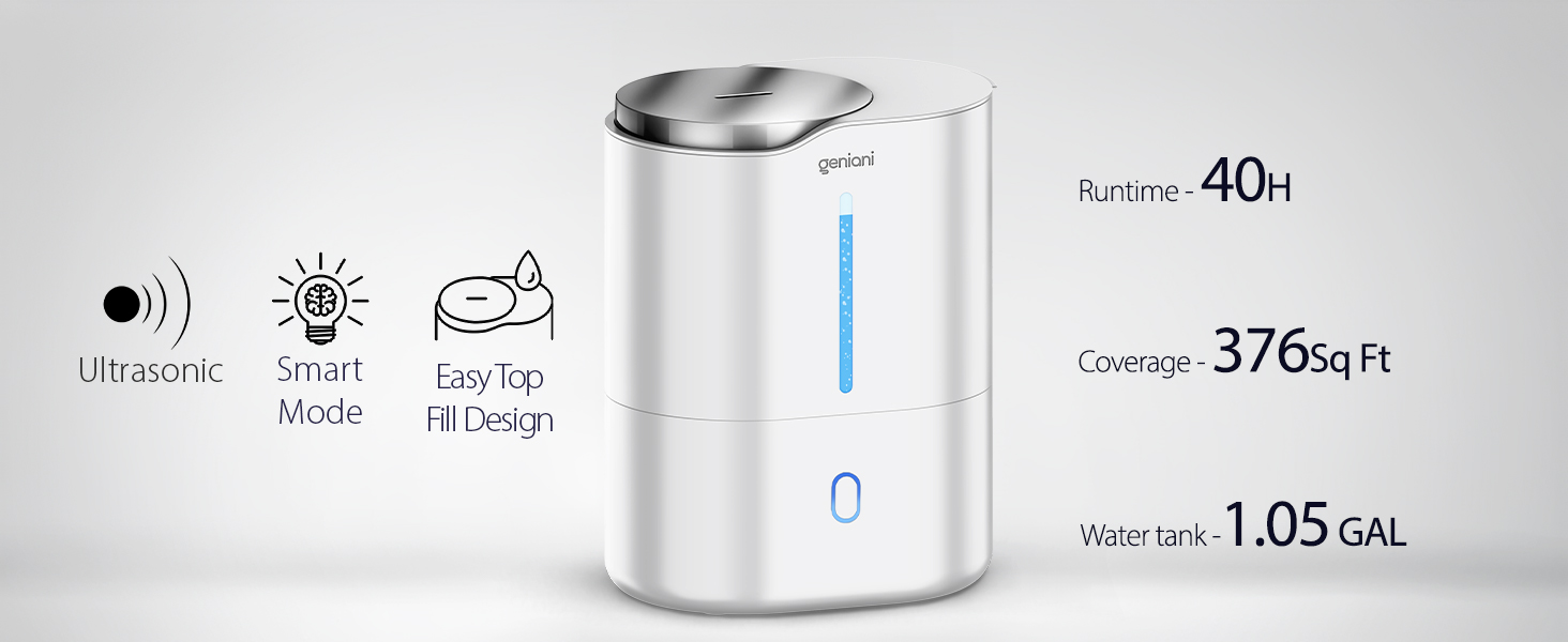 Ultrasonic Cool Mist Humidifier for Bedroom, Large Rooms, Home, 4L
