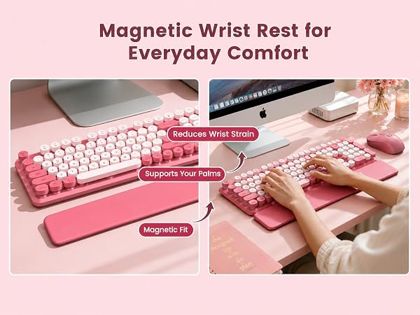 Pink round-key keyboard and matching mouse with magnetic wrist rest for comfortable typing.