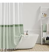 Dynamene Sage Green Fabric Shower Curtain, Farmhouse Boho Striped Tassel Shower Curtain for Bathr...