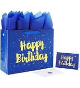 13" Large Blue Gift Bag Set with Greeting Card and Tissue Papers (Stars and Gold Foil ‘Happy Birt...