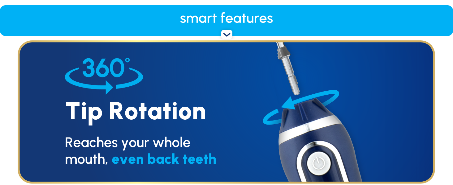 Image of Waterpik tooth flosser tip with text reading three hundred sixty tip rotation.