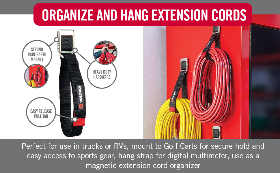 Magnet straps bundling cables, hoses, and tools for versatile organization