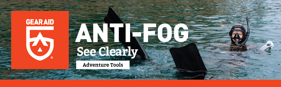 Anti-Fog, See Clearly. Women in water in snorkeling gear with fins up.