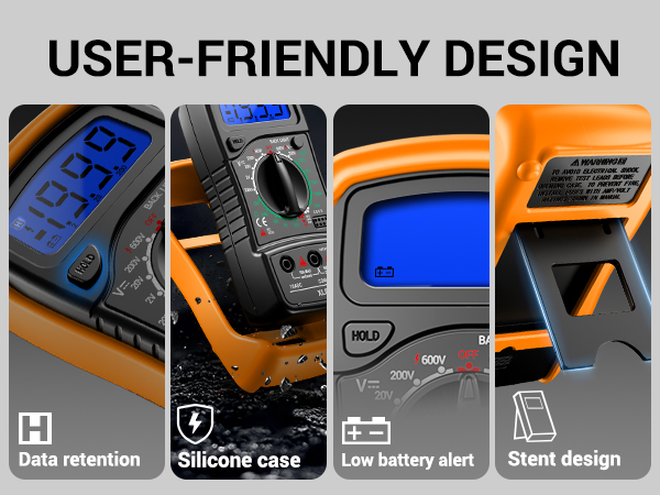 Multimeter user-friendly design:data hold,silicone case,low battery alert