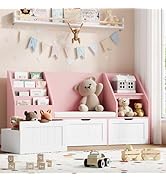 FOTOSOK 55.1’’ Kids Bookshelf with Reading Nook, Toy Storage Organizer with Seat Cushion and 3 Mo...