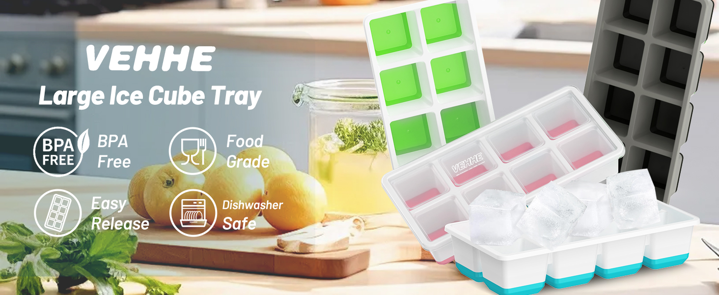 Large ice cube trays in various colors. Features include easy release, BPA-free, food-grade silicone construction. Shown with lemon water and herbs, emphasizing use for beverages.