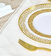 150 Count Gold Dinnerware Set, Elegant Plastic Plates Disposable Include: 25 Gold Lace Plastic Pl...