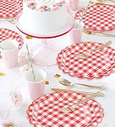 Red Gingham Paper Plates Red checkered Scalloped dessert Plates Disposable dinner plates plaid plate