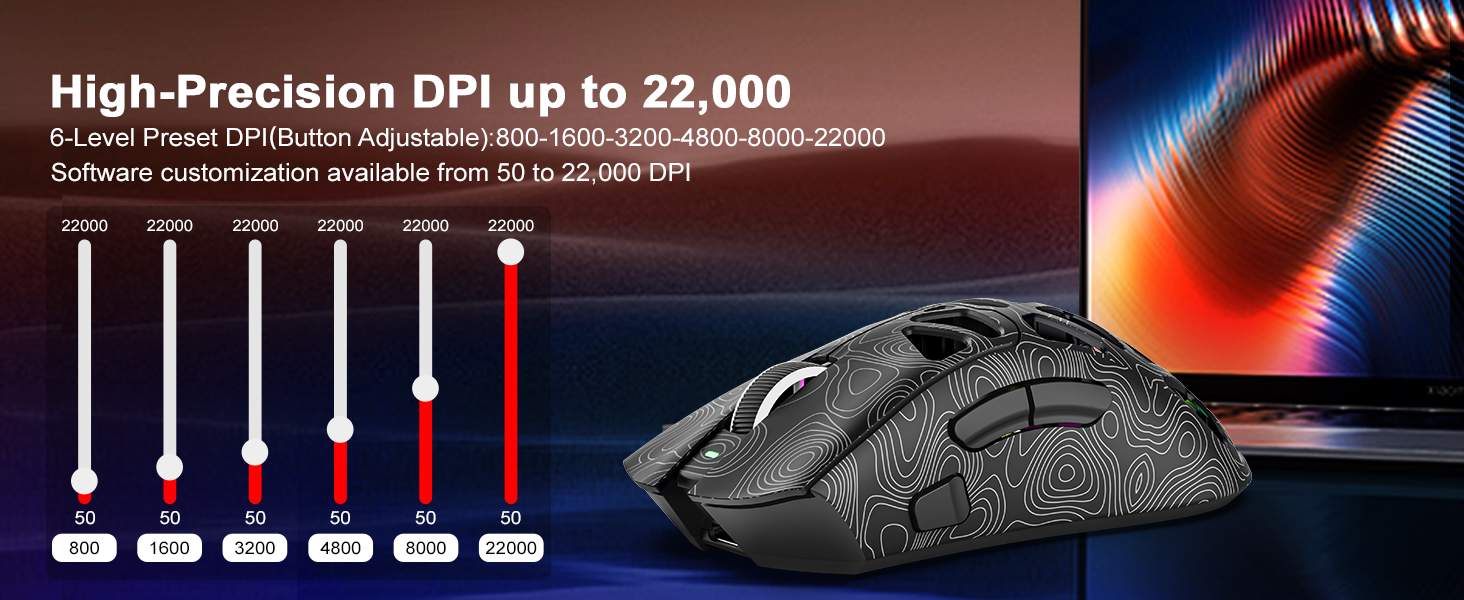 Wireless mouse with 6-level DPI up to 22000 for seamless switching from work to gaming.