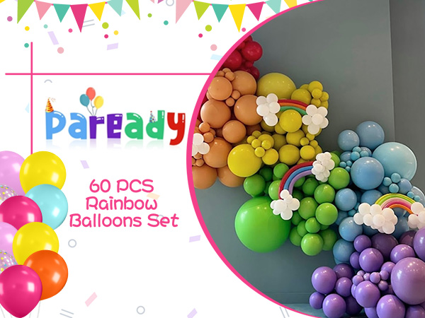 Rainbow-colored balloon set display featuring 60 pieces arranged in gradient order from warm to cool colors, with promotional text and banner decorations.