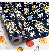 Yarcony Space Wrapping Paper Roll, Birthday Wrapping Paper for Boys, Navy Blue Astronaut Gift Wra...