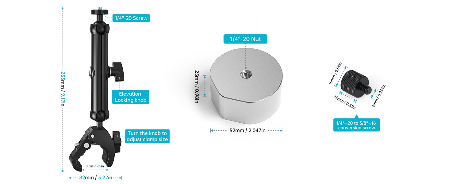 Technical diagram showing components of a mounting system with measurements and parts labeled, including a circular base plate and adjustable arm mechanism.
