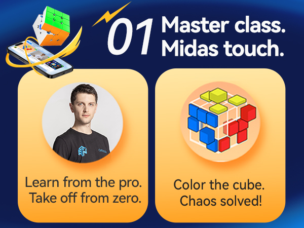 Promotional image for Rubik's Cube app featuring '01 Master class. Midas touch.' text, a cube icon, and two panels: 'Learn from the pro' and 'Color the cube. Chaos solved!'