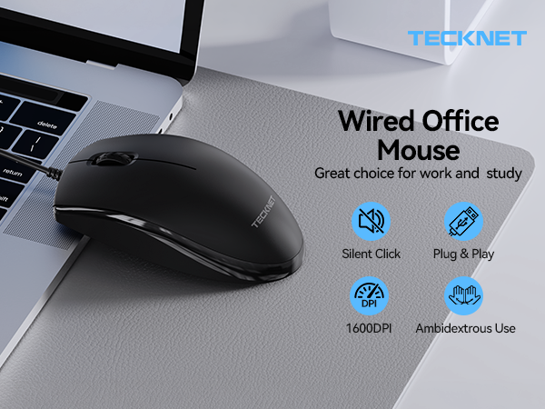 Text reads "TEEKNET", "Wired Office Mouse", "Great for daily study", "Silent Click", "Plug & Play", "1.8m", "Ambidextrous Use". Black ergonomic wired mouse displayed on laptop keyboard with feature icons.