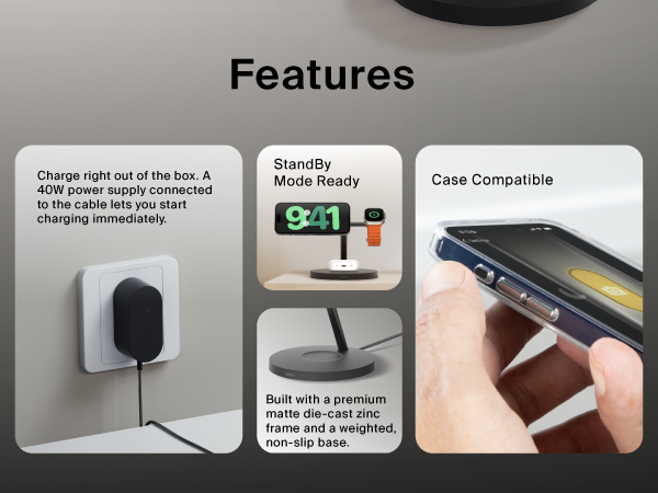 Image of charging station plug base and phone with text reading features.