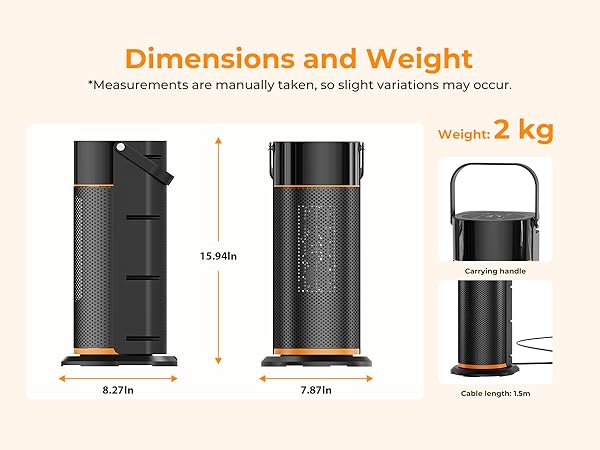 Text reads 'Dimensions and Weight' and 'Weight: 2 kg'. Technical diagram showing product dimensions with multiple views of a cylindrical device, measuring approximately 13.94in in height.