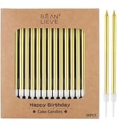 BEAN LIEVE 30-Count Gold Long Thin Metallic Birthday Candles, Cake Candles, Birthday Parties, Wed...