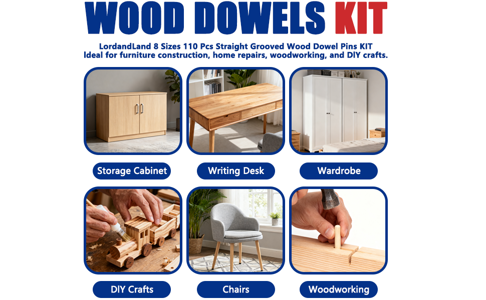 8 Values Wood Dowels Kit 1/4 3/8 5/16