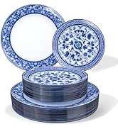 Hioasis 60pcs Blue Plastic Plates Set - Floral Blue & White Porcelain Design, 10.25" Dinner & 7.5...